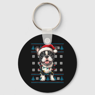 Boston Terrier Santa Xmas Tree Lights Bostie Ugly Key Ring