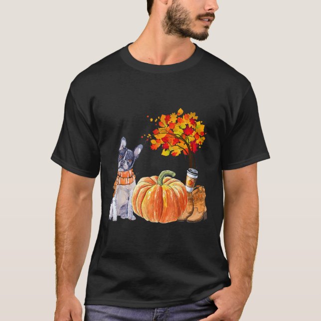 Boston Terrier Scarf Pumpkin Spice Latte Autumn Le T-Shirt (Front)