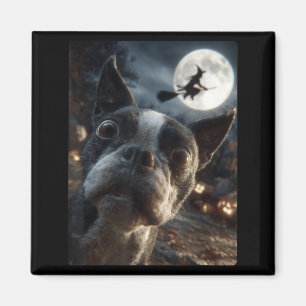 Boston Terrier Selfie Full Moon Flying Witch Magnet