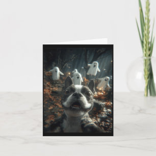 Boston Terrier Selfie Ghosts Haunted Forest Card