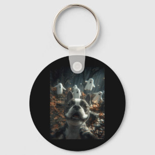 Boston Terrier Selfie Ghosts Haunted Forest Key Ring