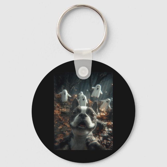 Boston Terrier Selfie Ghosts Haunted Forest Key Ring (Front)