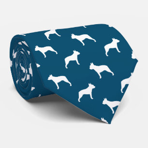 Boston Terrier Silhouettes Pattern Blue and White Tie