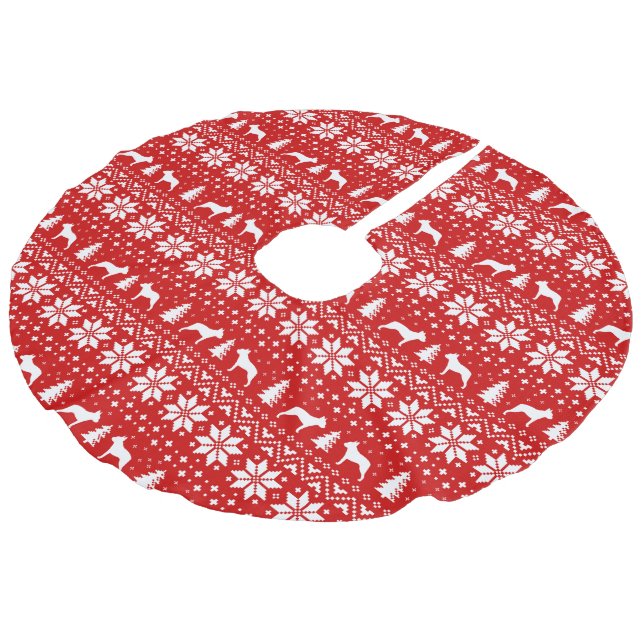 Boston Terrier Silhouettes Pattern Red Faux Linen Tree Skirt (Angled)