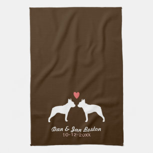 Boston Terrier Silhouettes with Heart and Text Tea Towel