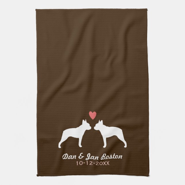 Boston Terrier Silhouettes with Heart and Text Tea Towel (Vertical)