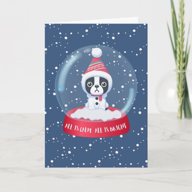 Boston Terrier Snow globe Holiday Card (Front)