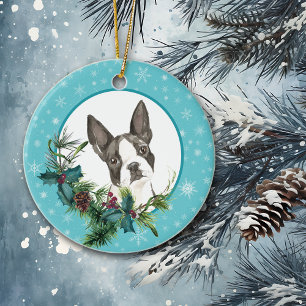 Boston Terrier Snowflake Blue Bouquet Ceramic Ornament