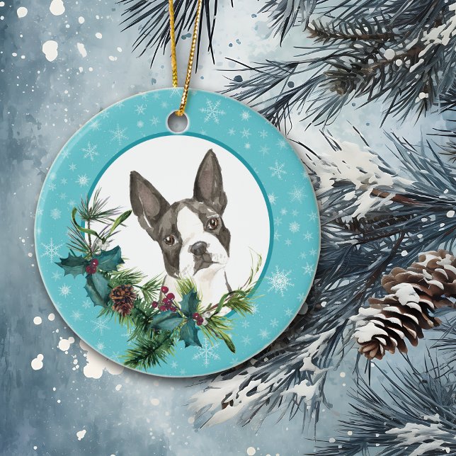 Boston Terrier Snowflake Blue Bouquet Ceramic Ornament (Creator Uploaded)
