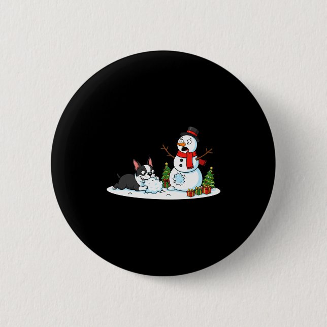 Boston Terrier Snowman Christmas Tree Xmas Womens  6 Cm Round Badge (Front)