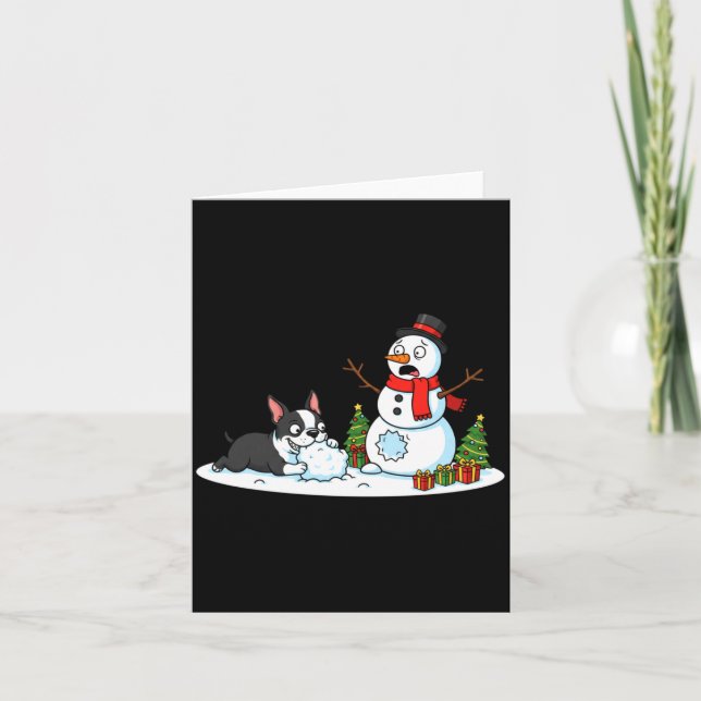 Boston Terrier Snowman Christmas Tree Xmas Womens  Card (Front)