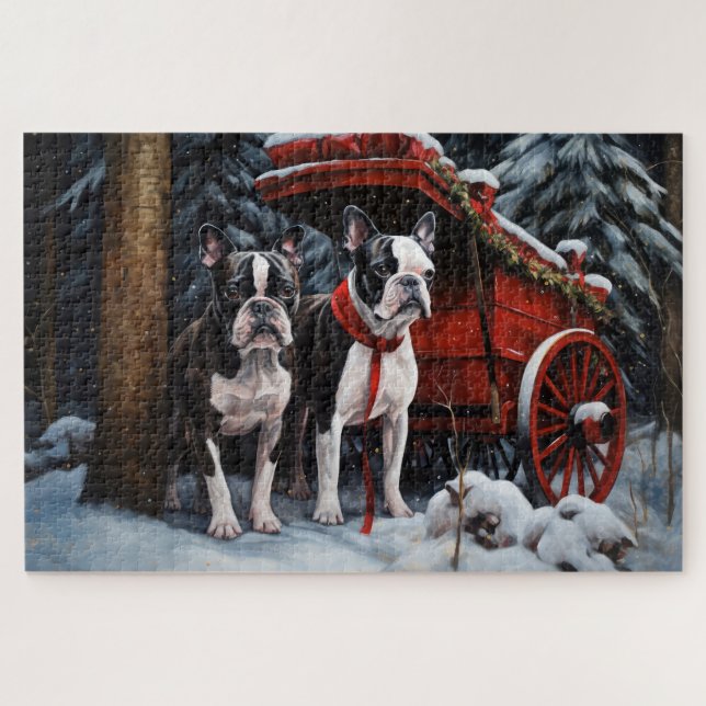 Boston Terrier Snowy Sleigh Christmas Decor    Jigsaw Puzzle (Horizontal)