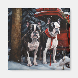 Boston Terrier Snowy Sleigh Christmas Decor Magnet