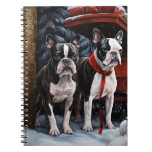 Boston Terrier Snowy Sleigh Christmas Decor Notebook