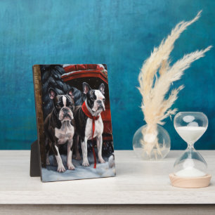 Boston Terrier Snowy Sleigh Christmas Decor Plaque