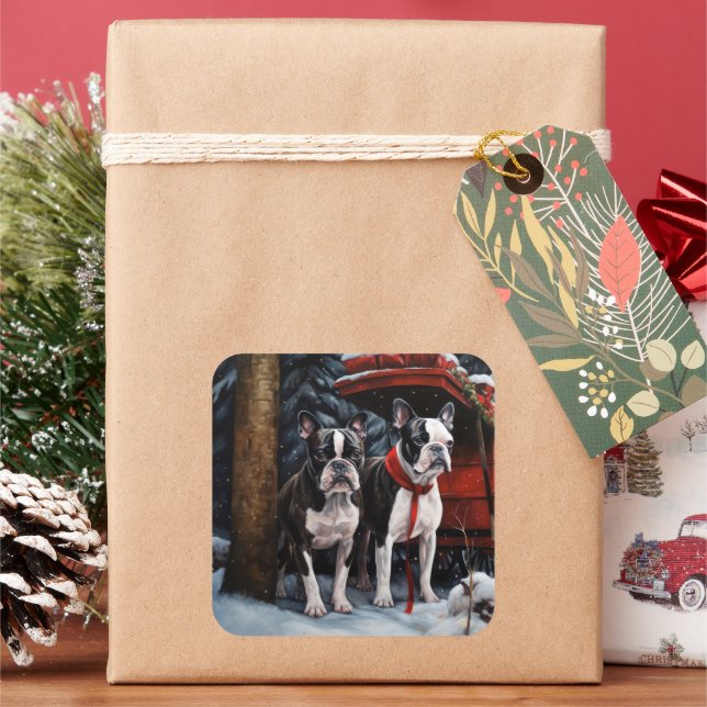 Boston Terrier Snowy Sleigh Christmas Decor    Square Sticker (Holiday)