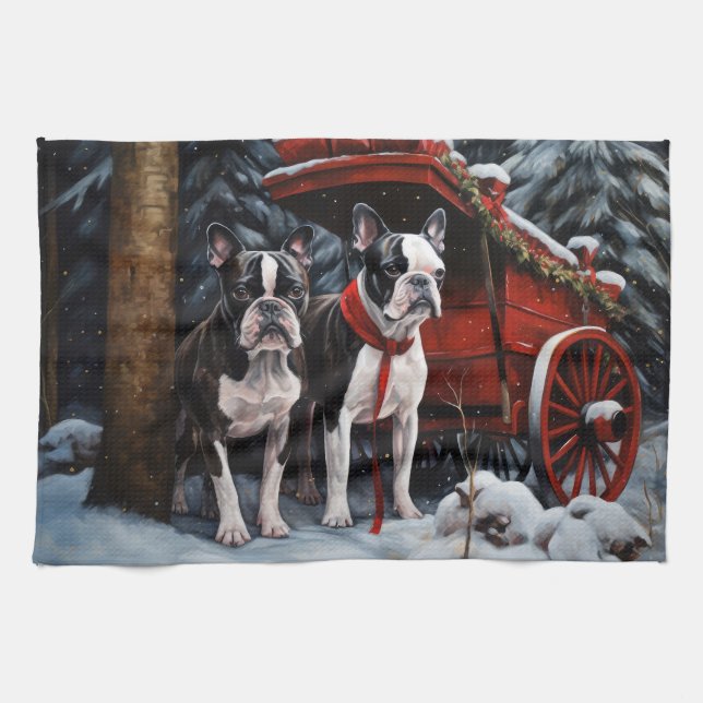 Boston Terrier Snowy Sleigh Christmas Decor   Tea Towel (Horizontal)