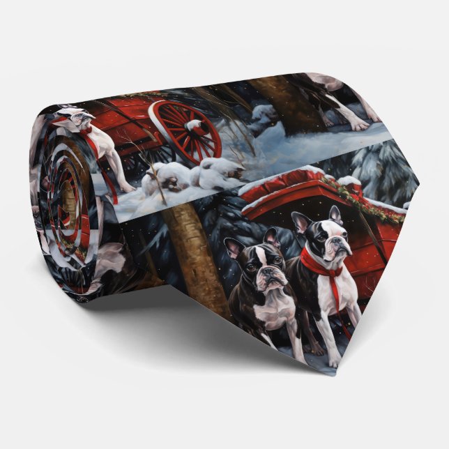 Boston Terrier Snowy Sleigh Christmas Decor   Tie (Rolled)