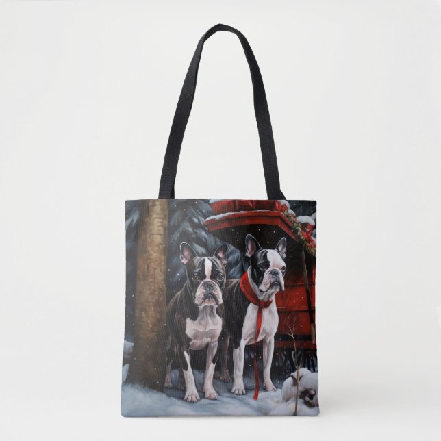 Boston Terrier Snowy Sleigh Christmas Decor   Tote Bag (Front)