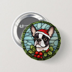 Boston Terrier Stained Glass Christmas 6 Cm Round Badge