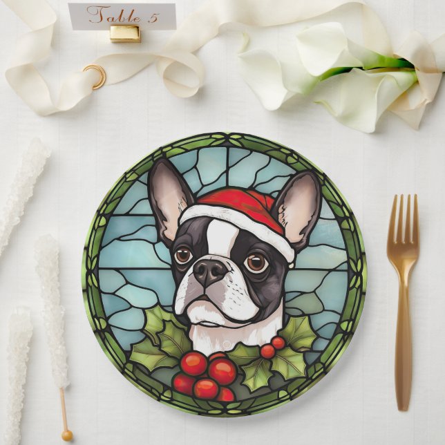 Boston Terrier Stained Glass Christmas Paper Plate (Wedding)