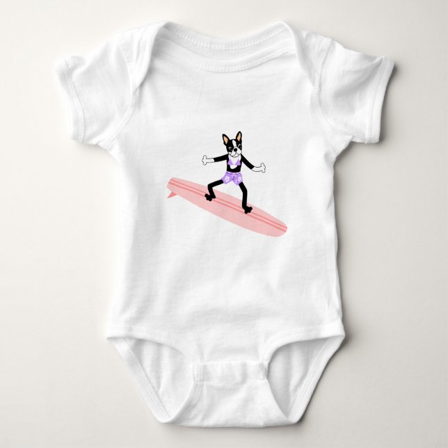 Boston Terrier Surfer Girl Baby Bodysuit (Front)