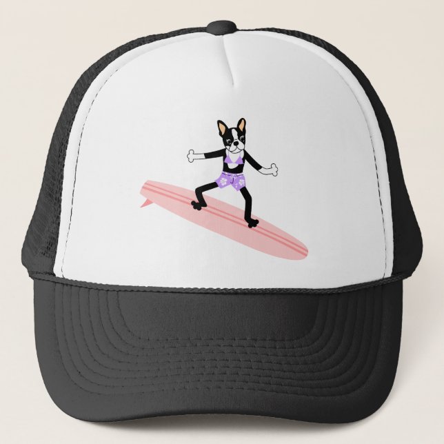 Boston Terrier Surfer Girl Trucker Hat (Front)
