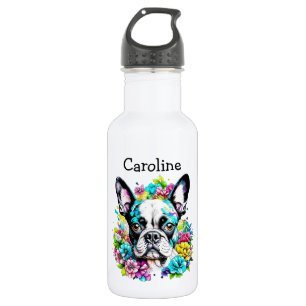 Boston Terrier surrounded by Flowers Personalised 532 Ml Water Bottle