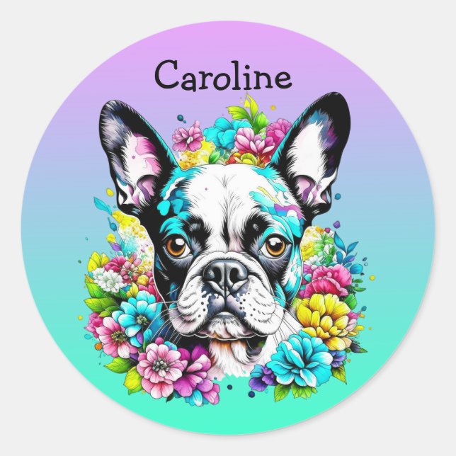 Boston Terrier surrounded by Flowers Personalised Classic Round Sticker (Front)
