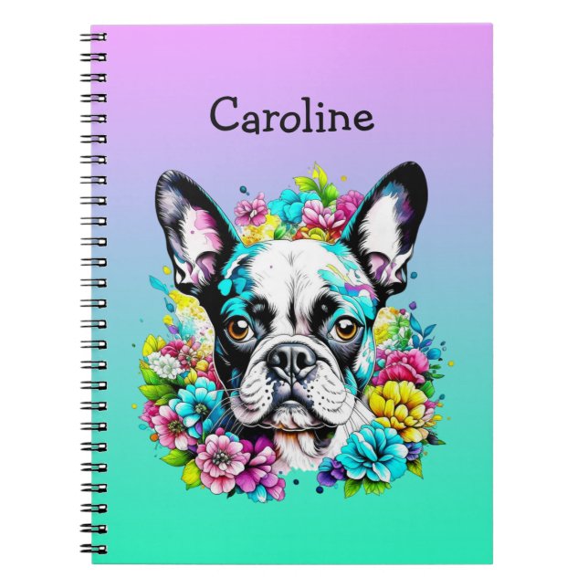 Boston Terrier surrounded by Flowers Personalised Notebook (Front)