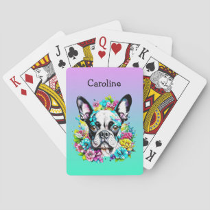 Boston Terrier surrounded by Flowers Personalised Playing Cards