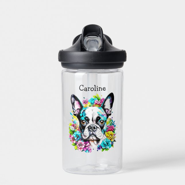 Boston Terrier surrounded by Flowers Personalised Water Bottle (Front)