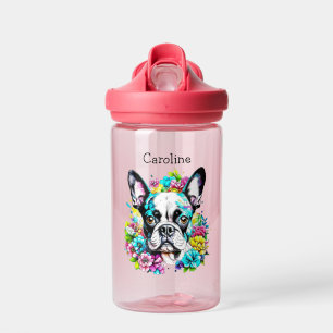 Boston Terrier surrounded by Flowers Personalised Water Bottle