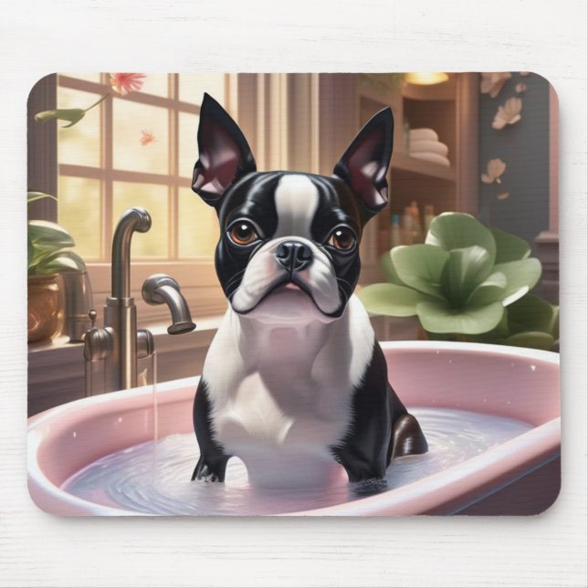 Boston Terrier Taking a Bubble Bath Mouse Pad (Front)