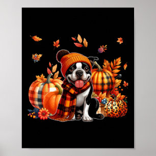 Boston Terrier Thanksgiving Leopard Pumpkins Fall Poster