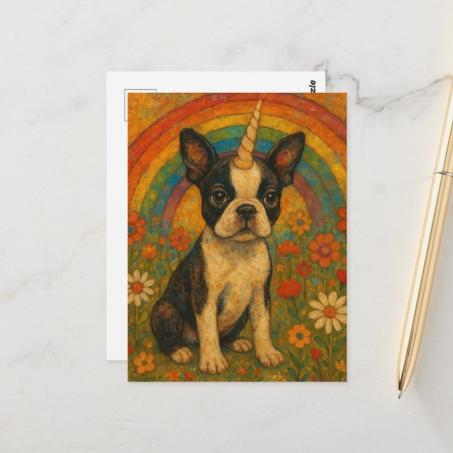 Boston Terrier Unicorn Puppy and a Rainbow Postcard (Front/Back In Situ)