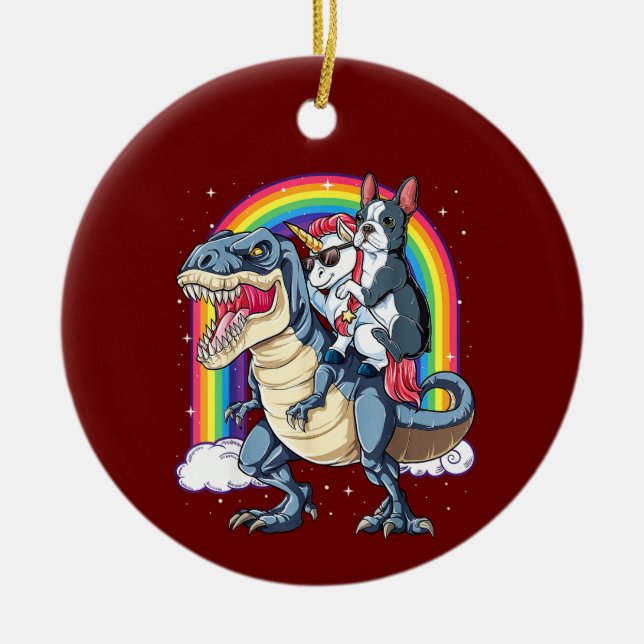 Boston Terrier Unicorn Riding Dinosaur Ceramic Ornament (Front)