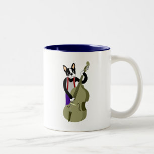 Boston Terrier Upright  Bass Player Two-Tone Coffee Mug