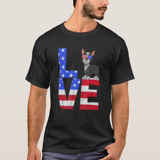 Boston Terrier USA Flag Sunglasses 4th of July Pat T-Shirt (Front)