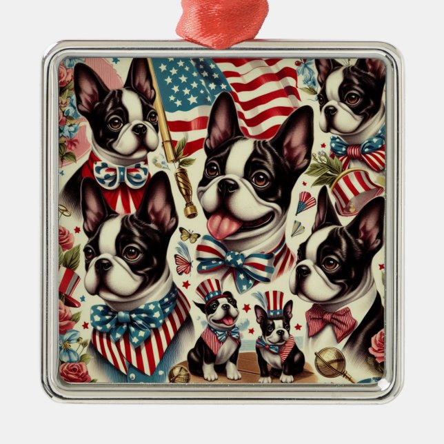 Boston Terrier Vintage Seamless Illustration Metal Ornament (Front)