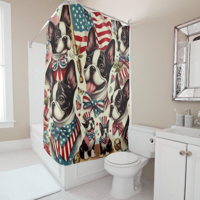 Boston Terrier Vintage Seamless Illustration Shower Curtain (In Situ)