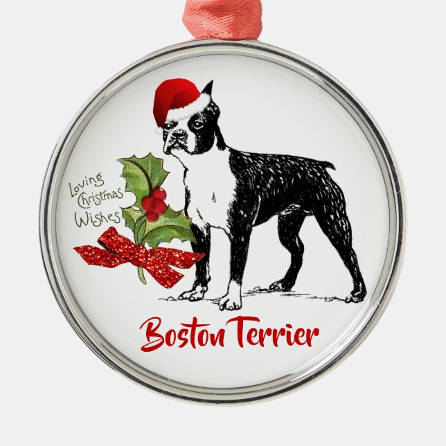 Boston Terrier w/Santa Cap Holly Christmas Metal Ornament (Front)