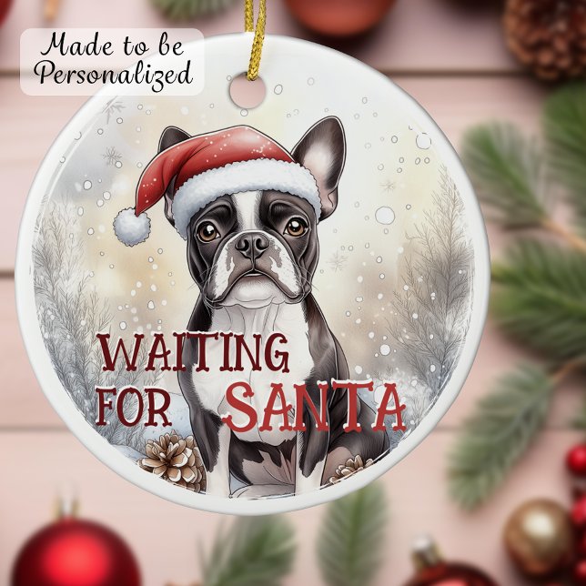Boston Terrier Waiting For Santa Snowy Christmas Ceramic Ornament (Boston Terrier Waiting For Santa Snowy Christmas Ceramic Ornament)