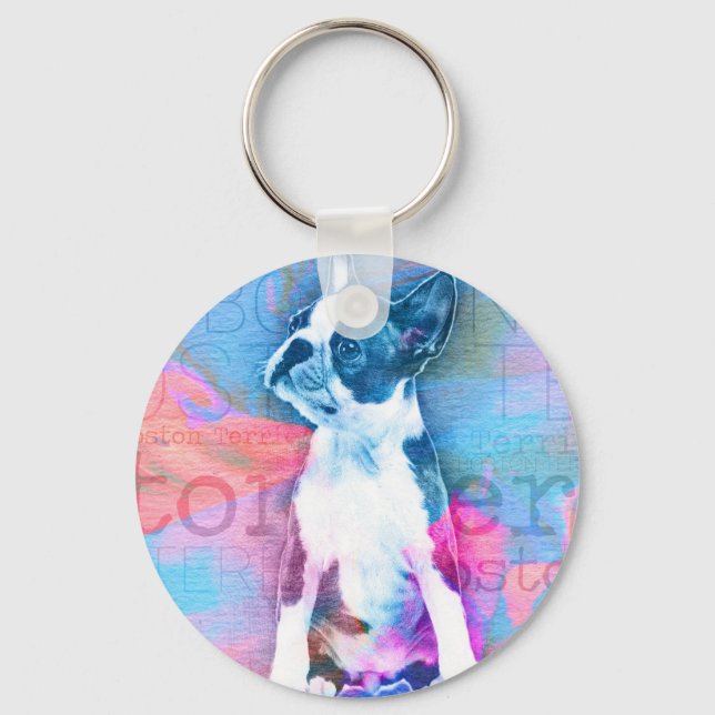 Boston Terrier Watercolor Digital Art Key Ring (Front)