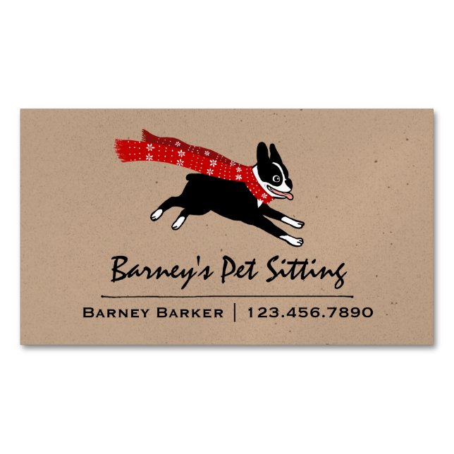 Boston Terrier Wearing Red Winter Scarf Magnetic Business Card (Front)
