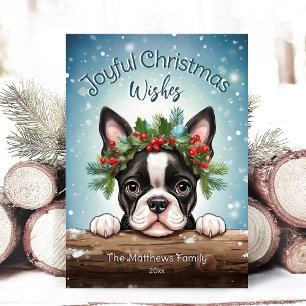 Boston Terrier Winter Wonderland Joyful Christmas Holiday Card