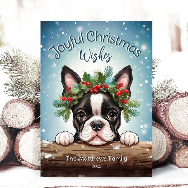 Boston Terrier Winter Wonderland Joyful Christmas Holiday Card (Adorable Winter Snowy Scene With Peeking Dogs or Farm/Woodland Animals - Over 50 to Choose From!)