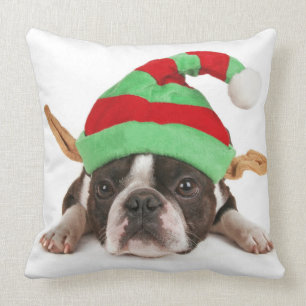 Boston Terrier With A Christmas Hat Cushion