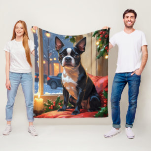 Boston Terrier with Christmas Lights Holiday Fleece Blanket