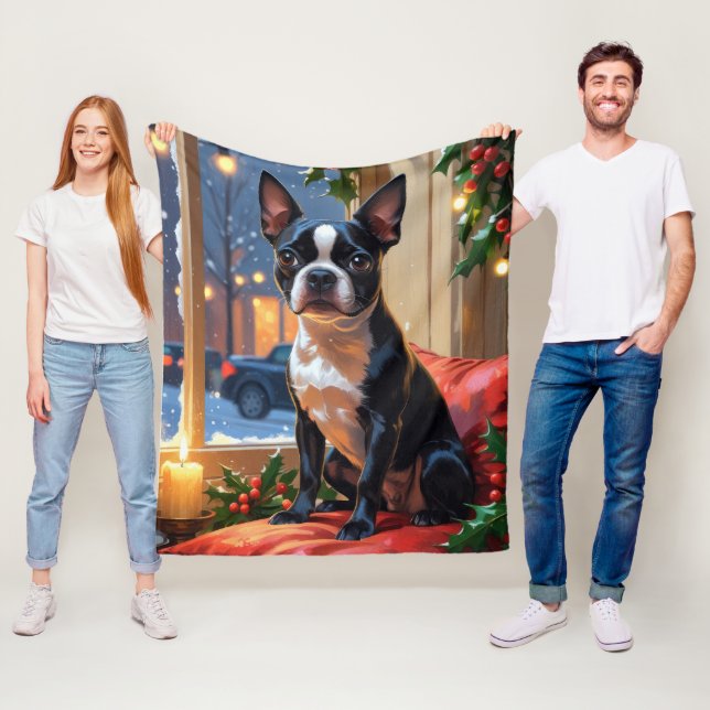 Boston Terrier with Christmas Lights Holiday Fleece Blanket (In Situ)